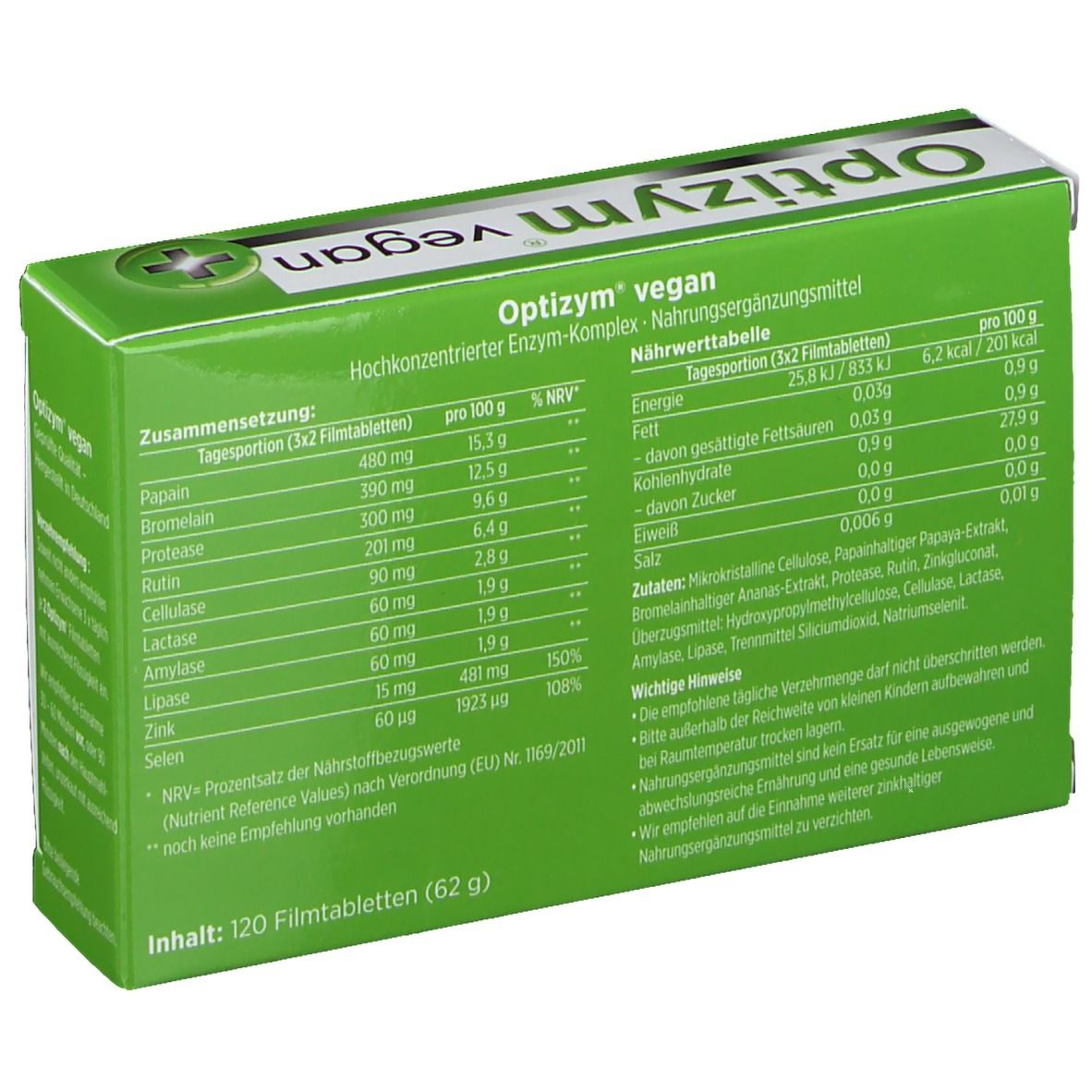 Grüne Schachtel "Optizym vegan". Rückseite mit Nährwerttabelle und Inhaltsstoffen. Enthält 120 Filmtabletten.