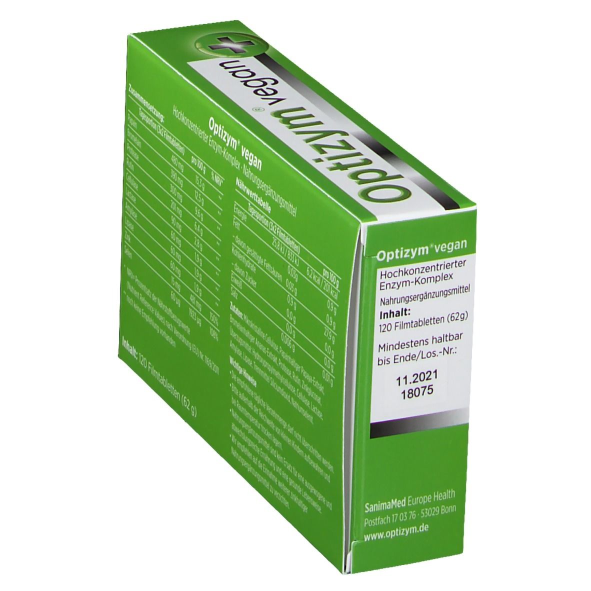 Grüne Schachtel "Optizym vegan". Rückseite mit Informationen. Enthält 120 Filmtabletten. Mindestens haltbar bis 11.2021.