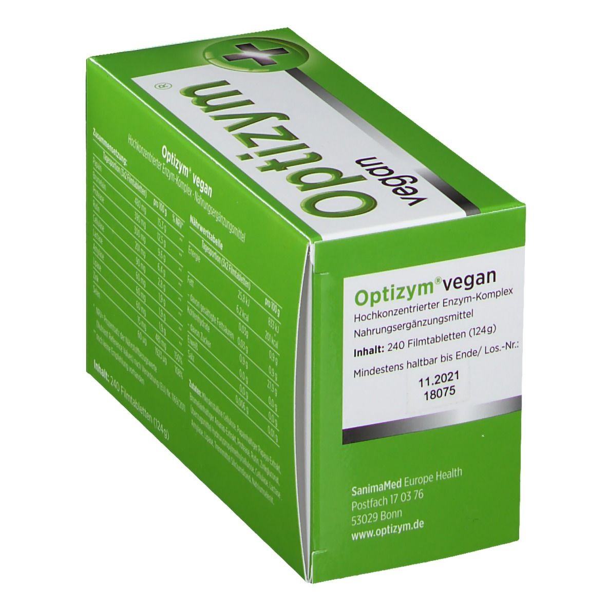 Grüne Schachtel "Optizym vegan". Enthält 240 Filmtabletten. Text und Logo. Schachtel schräg.