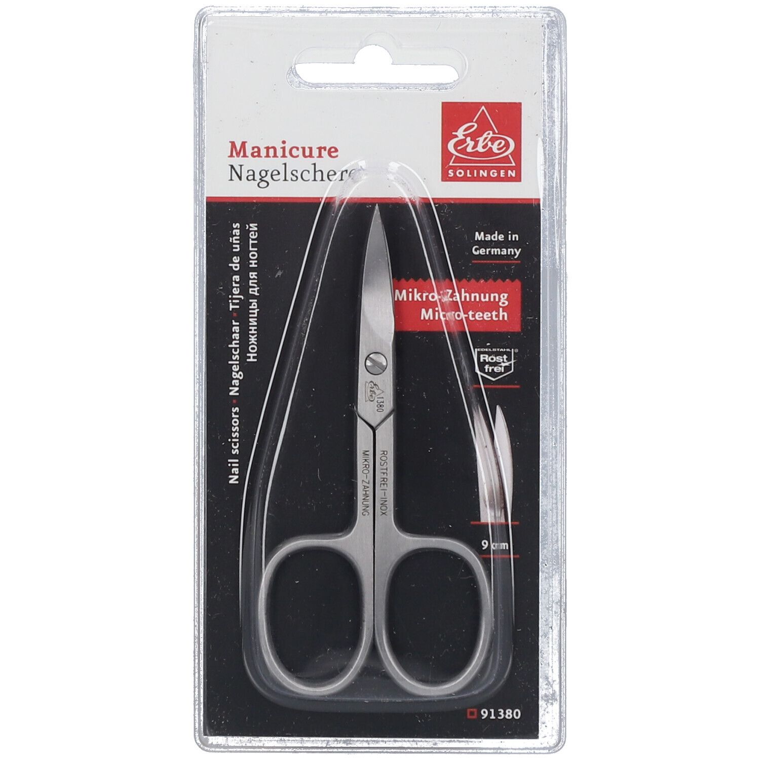 Nagelschere in Blisterverpackung. Vernickelt, glatt, rostfrei. Mikro-Zahnung. Marke Erbe Solingen. Made in Germany. 9 cm.