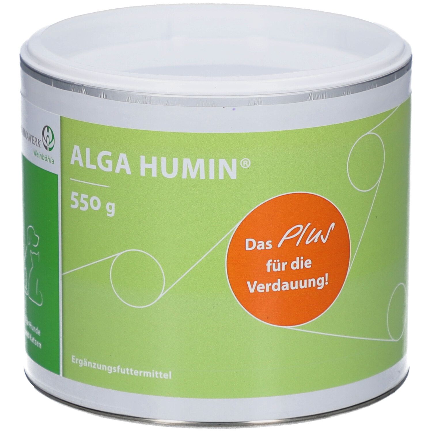 Dose ALGA HUMIN, 550 g. Grün-weißes Etikett mit Text und Logo. Orangefarbener Kreis mit Text. Deckel weiß.
