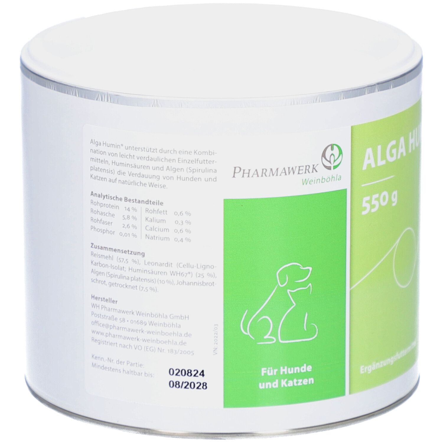 Dose ALGA HUMIN, 550 g. Rückseite mit Text, Inhaltsstoffen und Logo. Für Hunde und Katzen. Haltbarkeitsdatum.