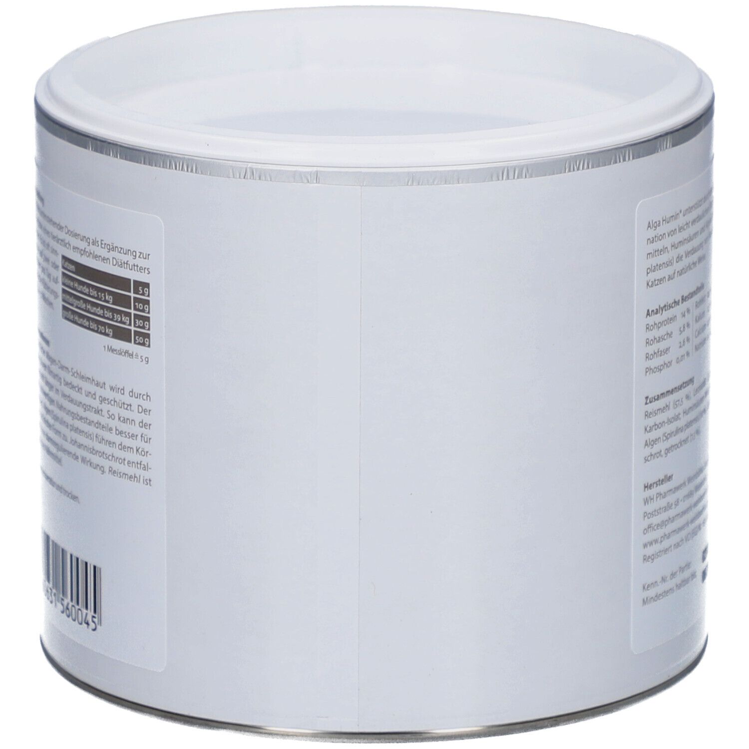 Zylindrische Dose, weiß mit silbernem Rand. Keine Beschriftung sichtbar. Deckel weiß.