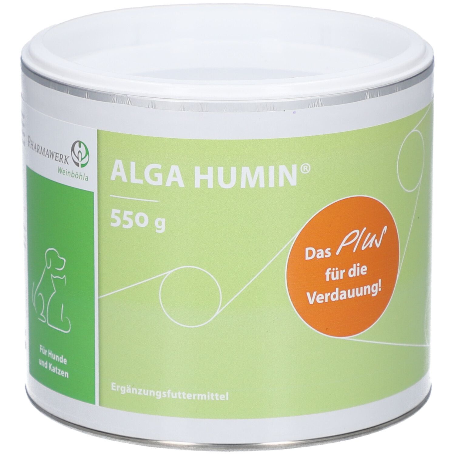 Dose ALGA HUMIN, 550 g. Grün-weißes Etikett mit Text und Logo. Orangefarbener Kreis mit Text. Deckel weiß.