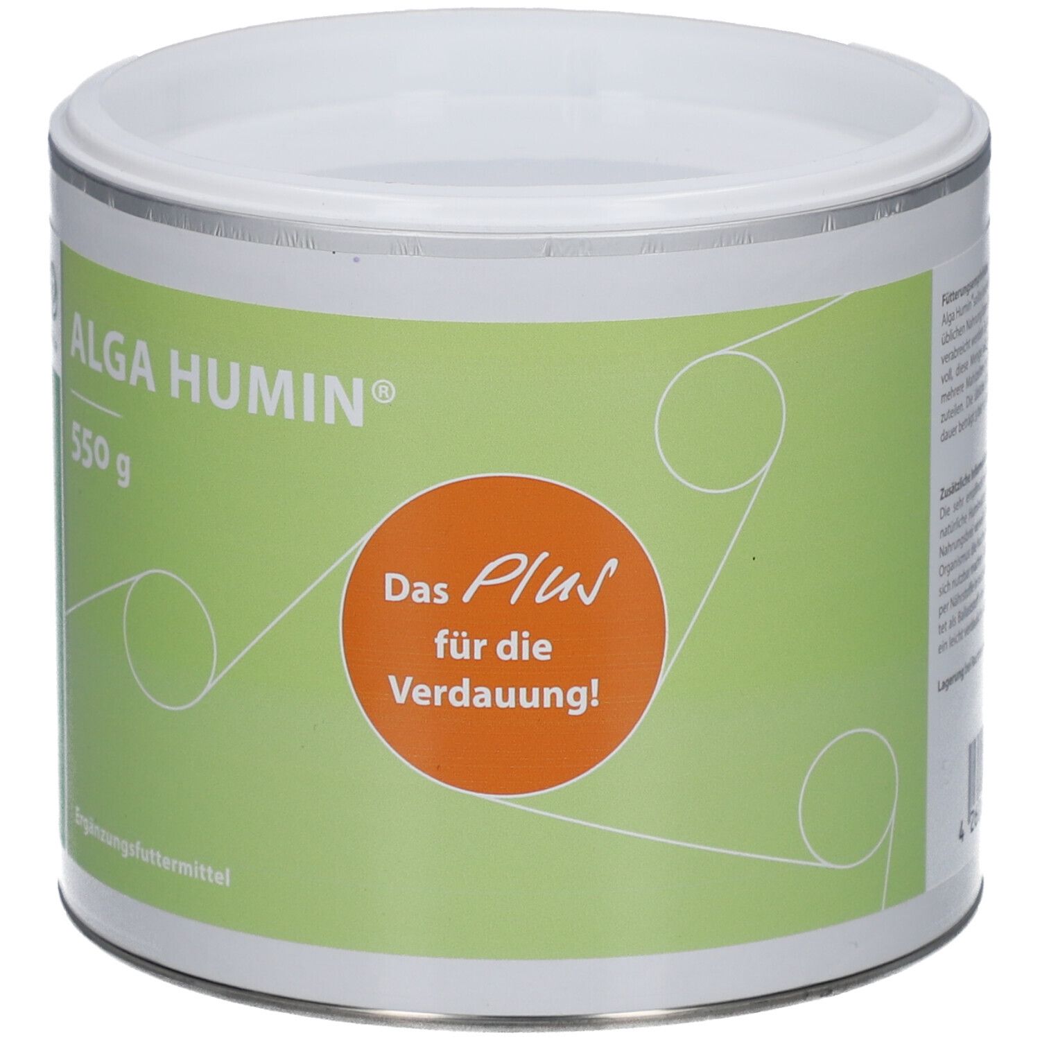 Dose ALGA HUMIN, 550 g. Grün-weißes Etikett mit Text und Logo. Orangefarbener Kreis mit Text. Deckel weiß.