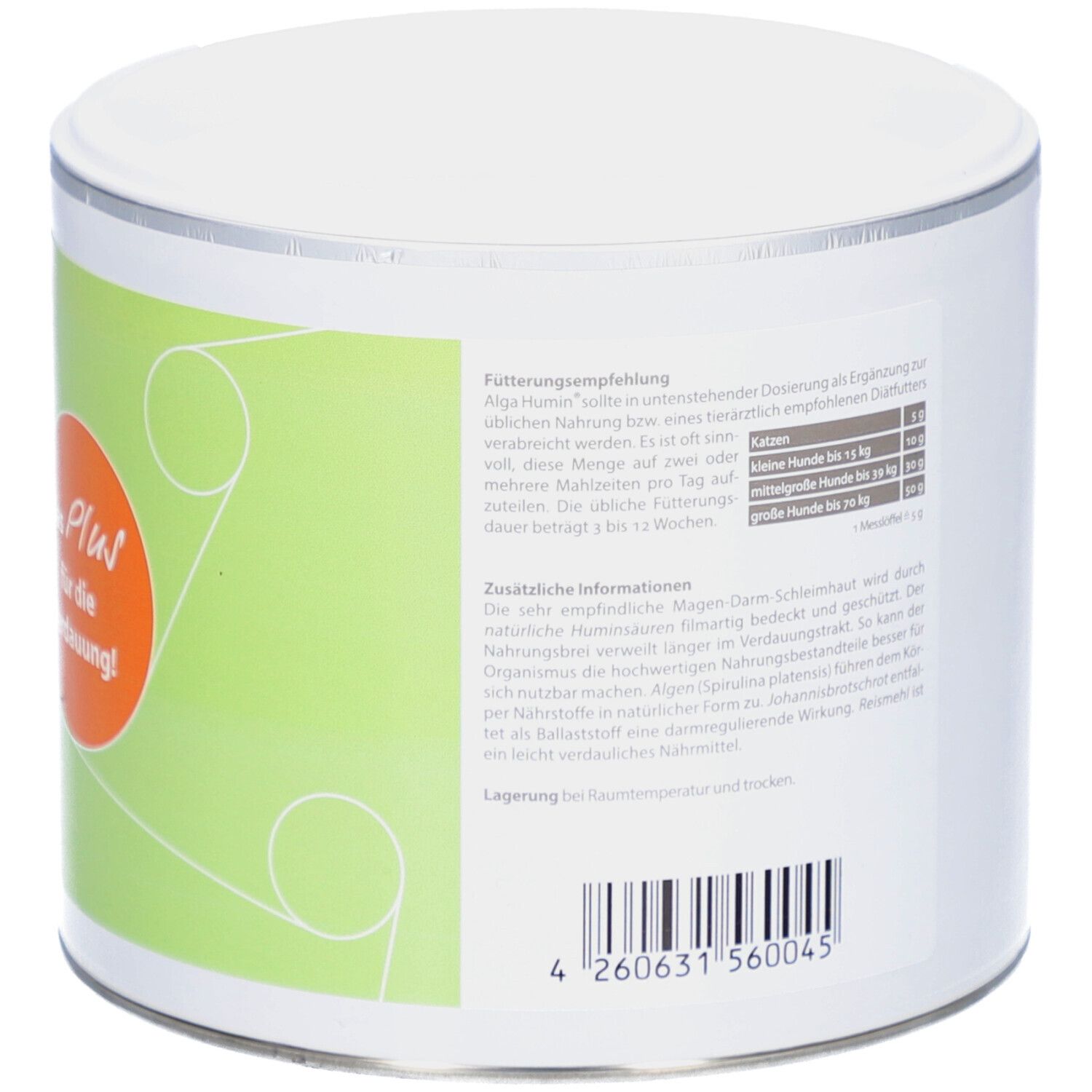 Dose ALGA HUMIN, 550 g. Grün-weißes Etikett mit Text und Logo. Orangefarbener Kreis mit Text. Deckel weiß.