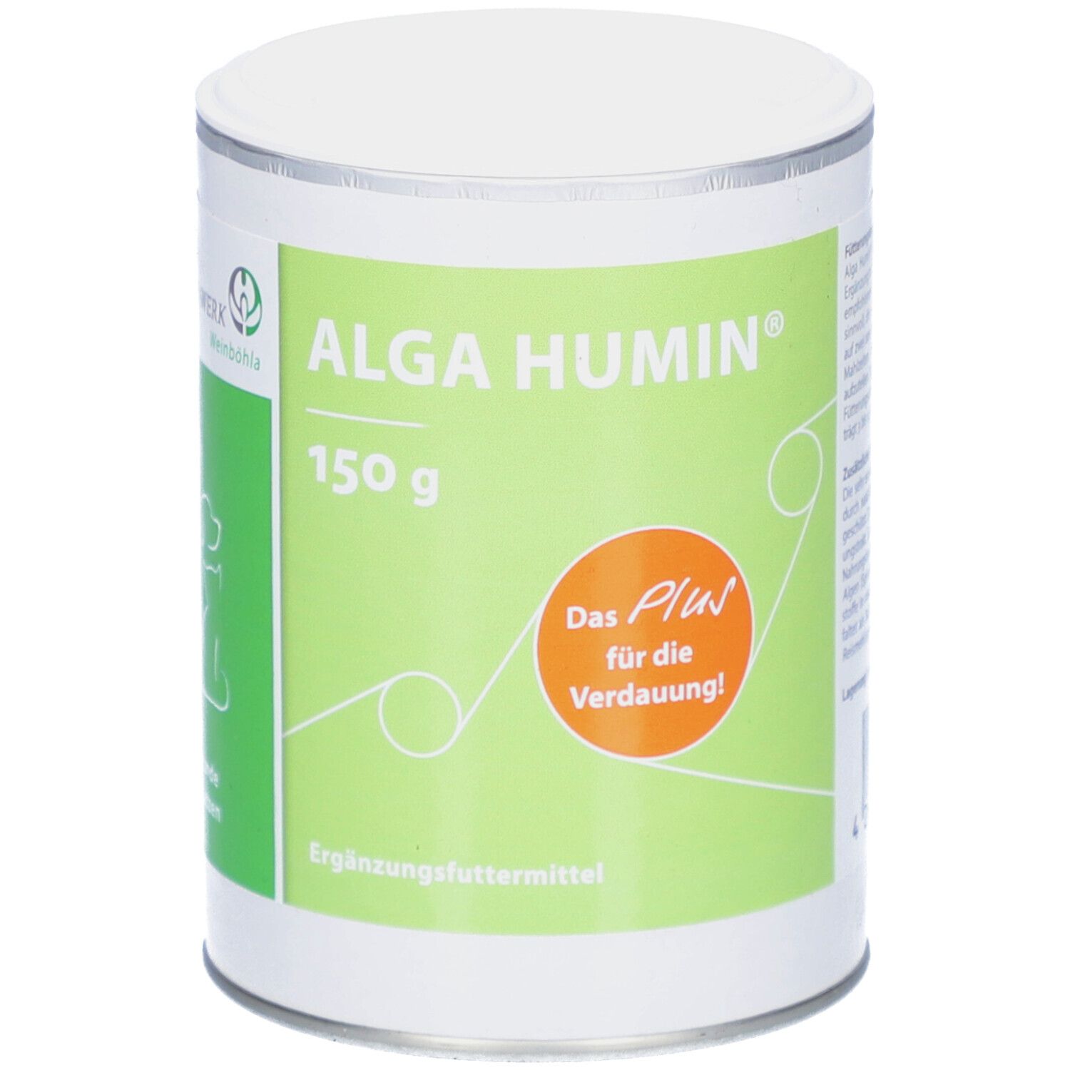 Runde Dose mit Deckel. Aufschrift: ALGA HUMIN, 150 g. Grünes Etikett mit Text und Logo.