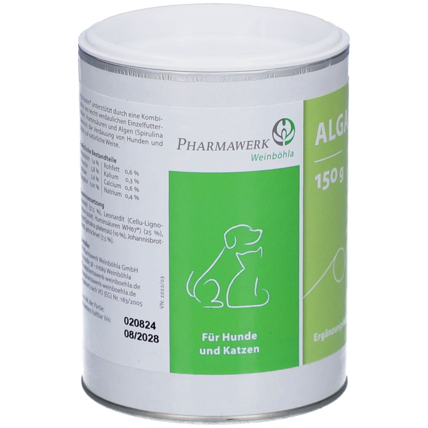 Dose mit Deckel. Aufschrift: ALGA HUMIN, 150 g. Logo und Text: Für Hunde und Katzen. Grünes Etikett.