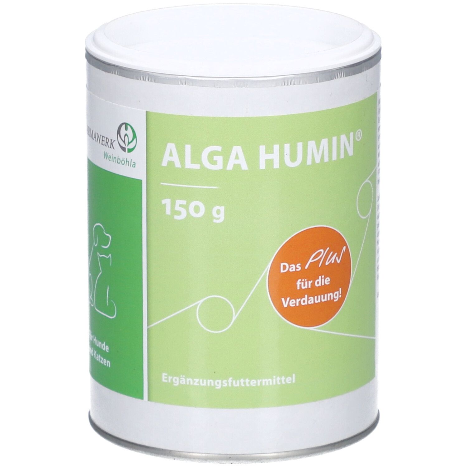 Runde Dose mit Deckel. Aufschrift: ALGA HUMIN, 150 g. Grünes Etikett mit Text und Logo. Text: Das Plus für die Verdauung!