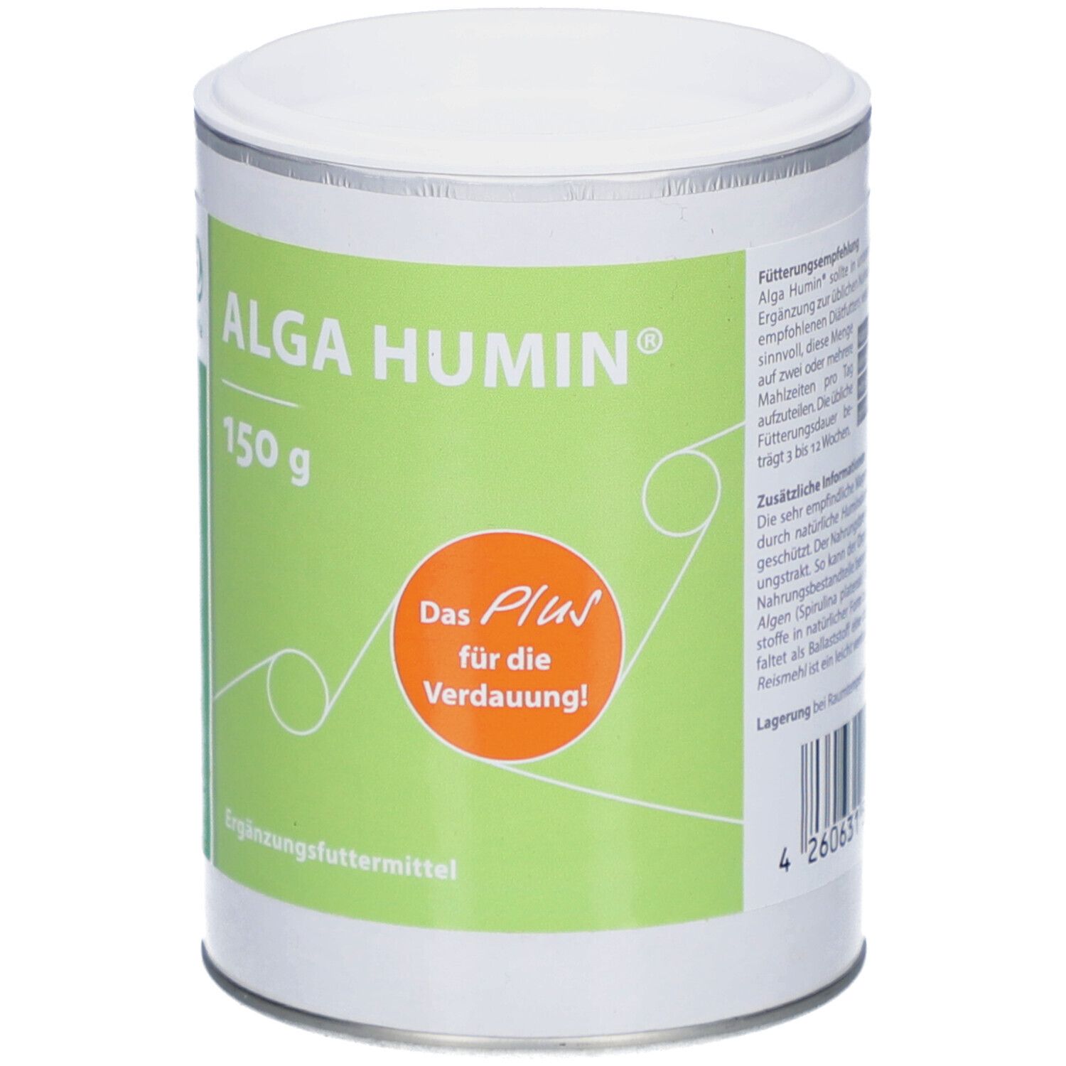 Dose mit Deckel. Aufschrift: ALGA HUMIN, 150 g. Grünes Etikett mit Text und Logo. Text: Das Plus für die Verdauung!