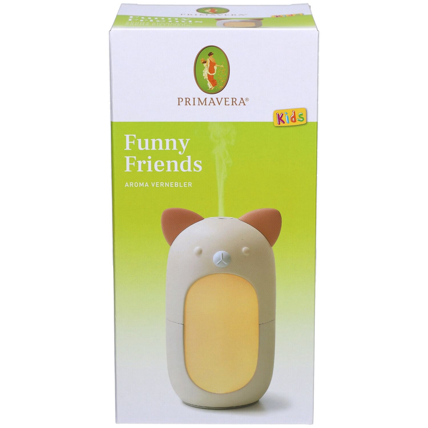 Aroma Vernebler Funny Friends, in Verpackung. Weißes Gehäuse mit braunen Ohren, gelbes Licht. Primavera Logo und Kids-Label.