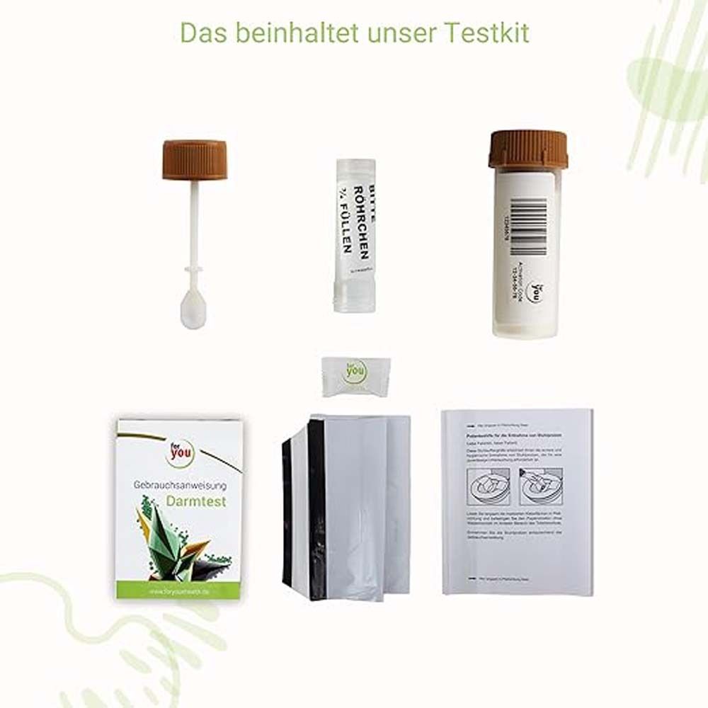 Inhalt des Testkits. Verschiedene Behälter, Röhrchen, Löffel und Anleitungen. Auf hellem Hintergrund.