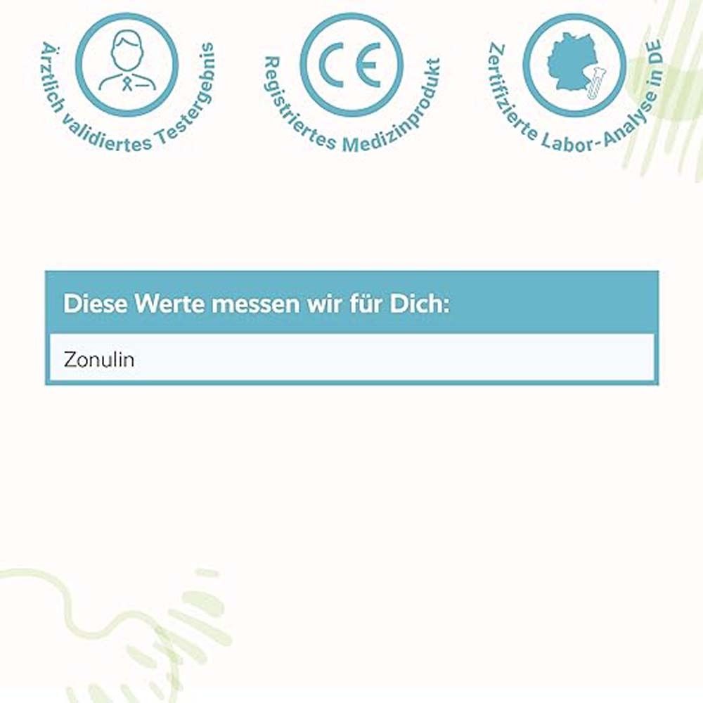 Zertifizierungen und Messwerte. Logos und Text. Z.B. CE-Kennzeichnung und ZONULIN.