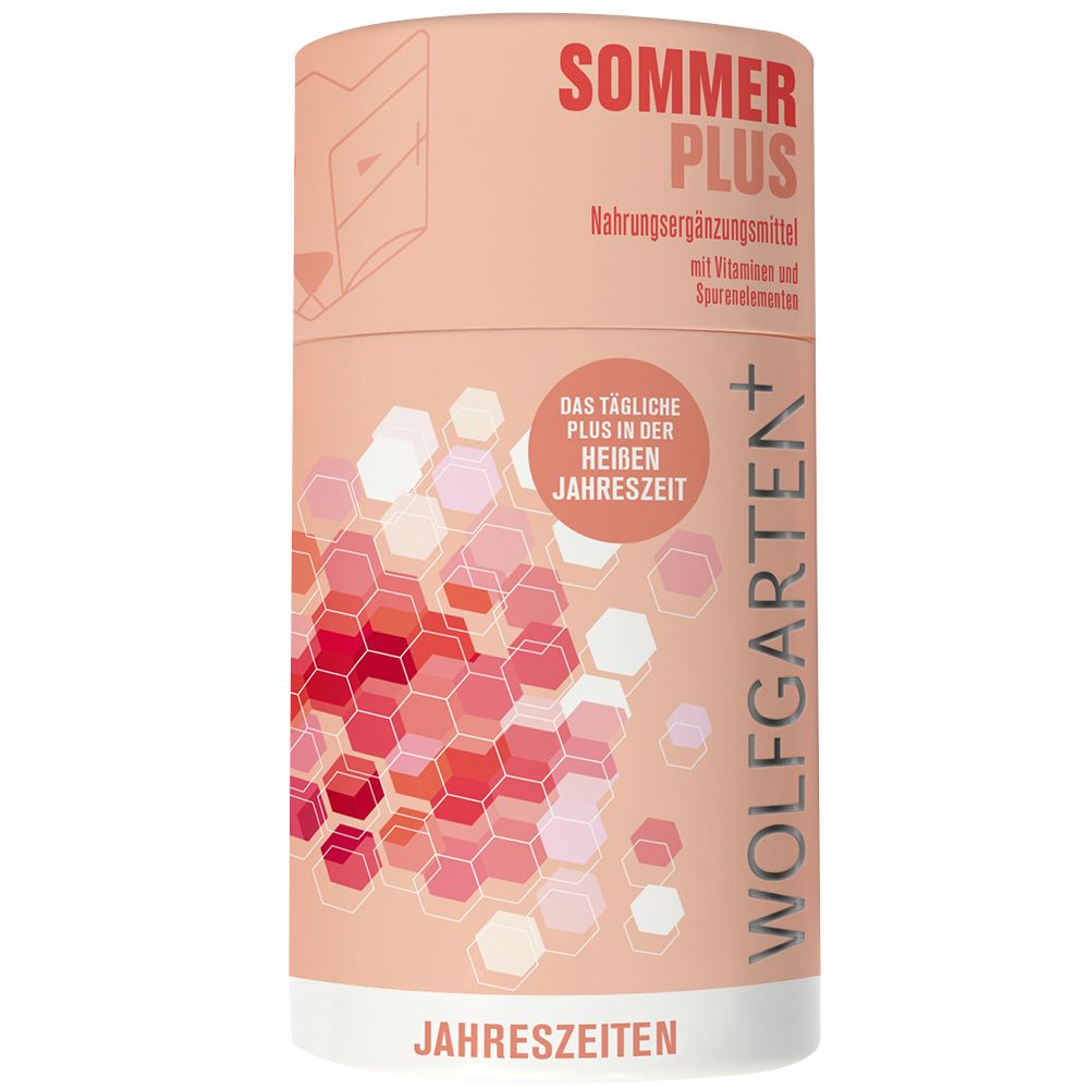 Zylindrische Verpackung von Sommer Plus. Aufschrift: Sommer Plus, Nahrungsergänzungsmittel. Logo: Wolfgarten+. Aufdruck: Jahreszeiten.