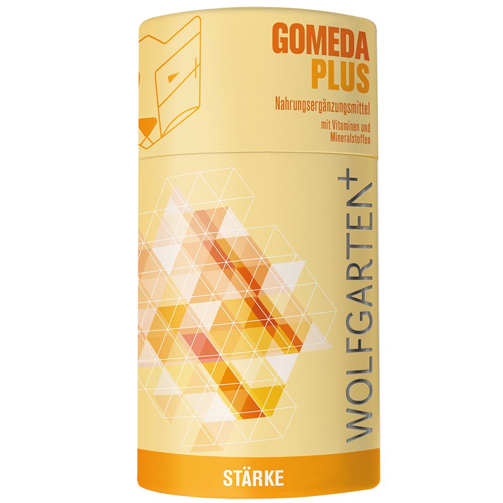 Zylindrische Dose mit Gomeda Plus. Aufschrift: Nahrungsergänzungsmittel mit Vitaminen und Mineralstoffen. Logo: Wolfskopf.