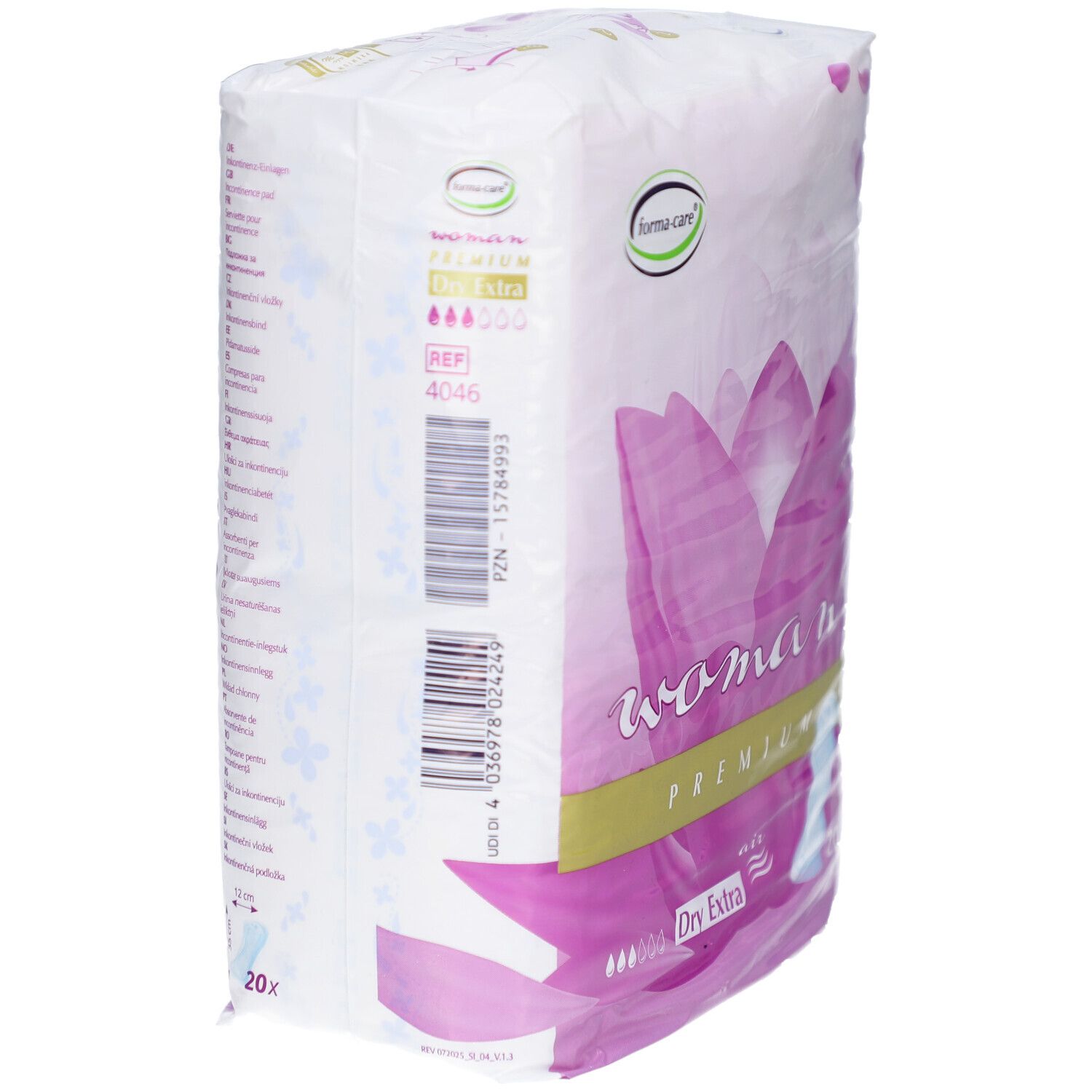 Verpackung forma-care Woman Premium Dry extra. Seitenansicht. Enthält Informationen und Barcode. Logo forma-care.