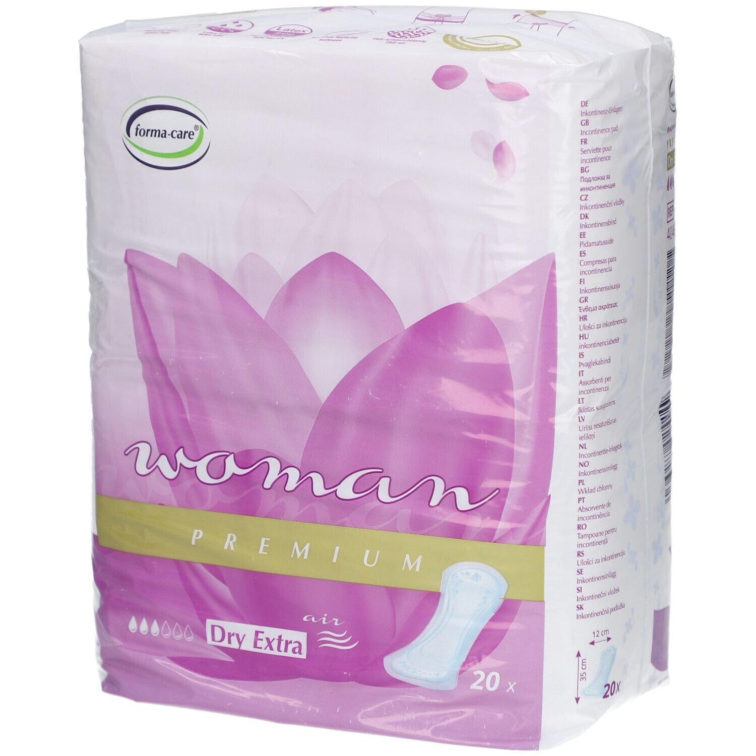 Verpackung forma-care Woman Premium Dry extra. Hauptfarben Weiß und Rosa. Enthält 20 Stück. Logo forma-care.