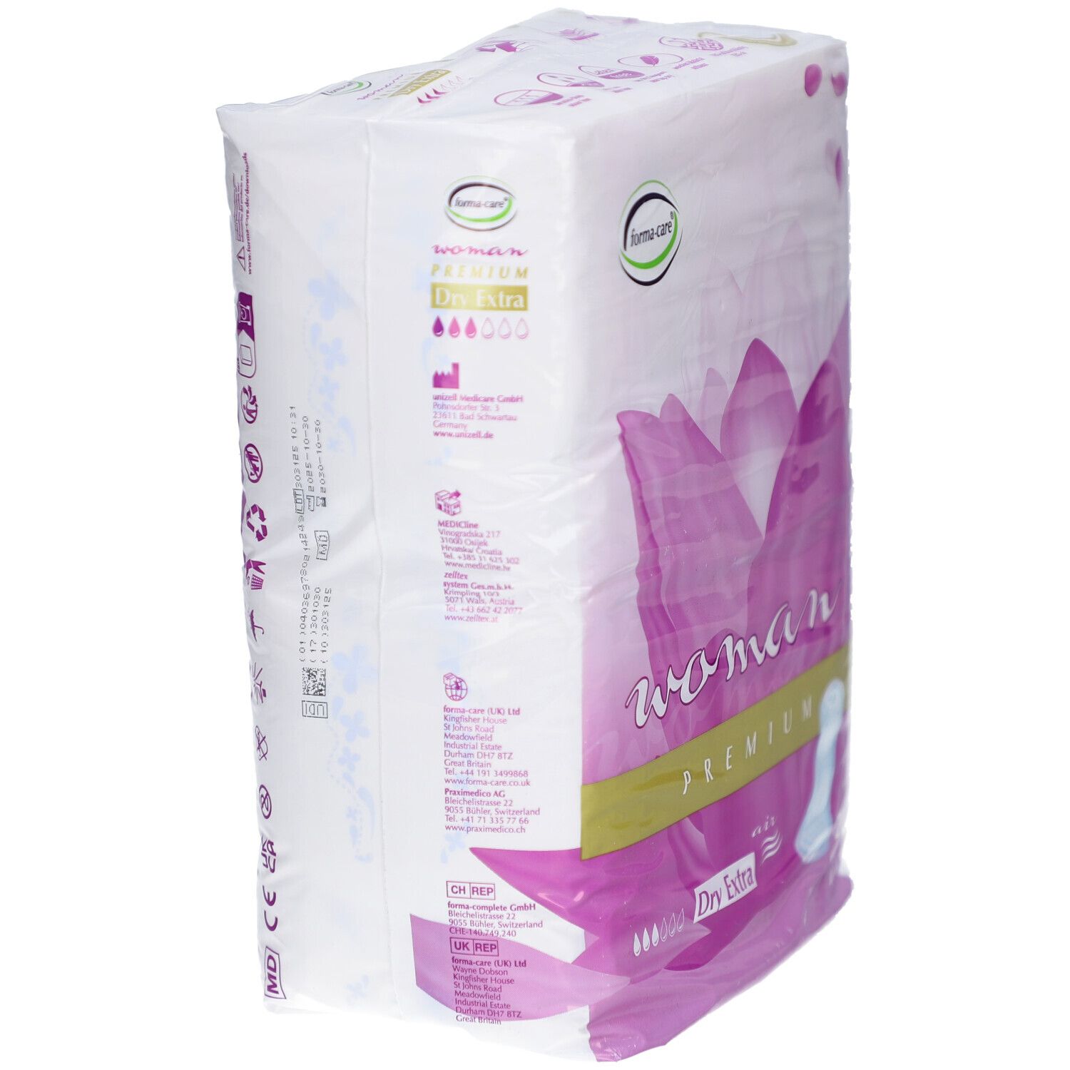 Verpackung forma-care Woman Premium Dry extra. Seitenansicht. Enthält Informationen. Logo forma-care.
