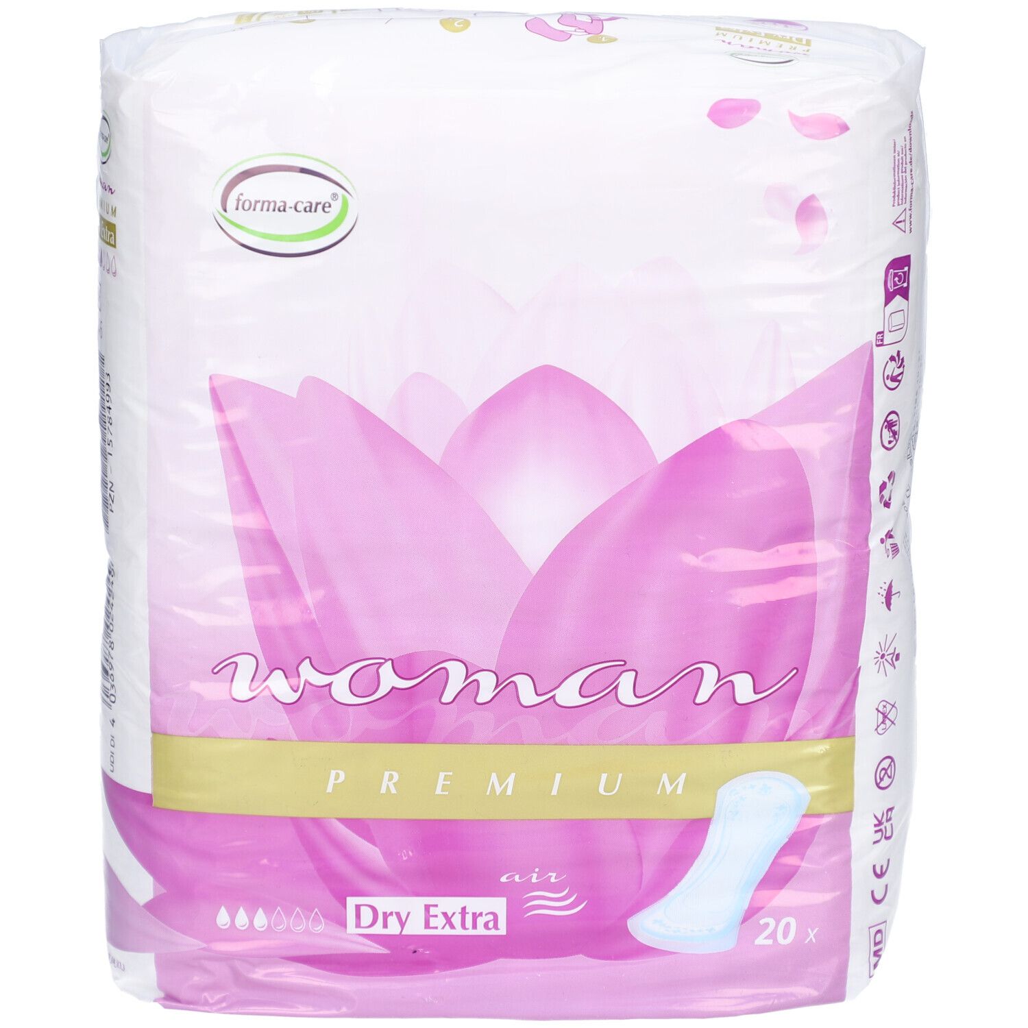 Verpackung forma-care Woman Premium Dry extra. Hauptfarben Weiß und Rosa. Enthält 20 Stück. Logo forma-care.