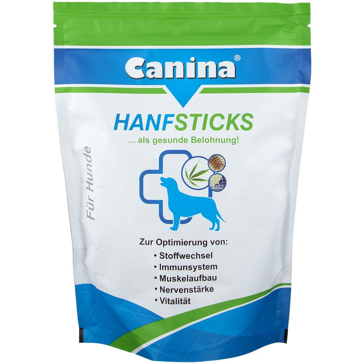 Canina HANF STICKS-Beutel. Grün-weiß. Blaue Akzente. Logo, Produktname, Inhaltsstoffe, und Gesundheitsvorteile für Hunde.