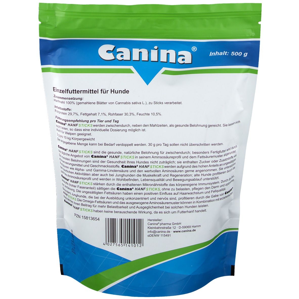 Rückseite der Canina HANF STICKS-Verpackung. Text mit Inhaltsstoffen, Dosierung und Herstellerinformationen. Weißer Hintergrund.