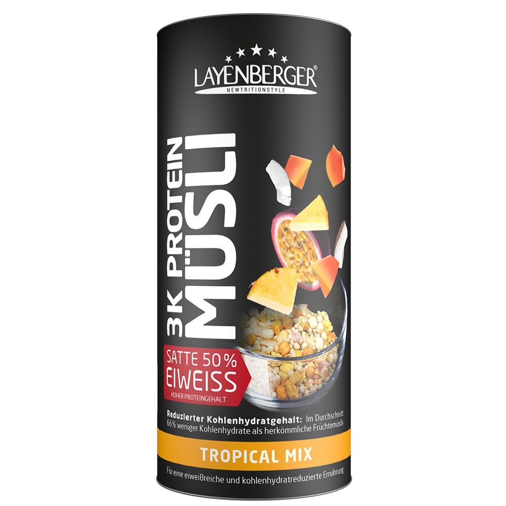 Zylindrische Dose mit LAYENBERGER 3K Protein Müsli Tropical Mix. Aufdruck mit Produktinformationen und Abbildung von Früchten.