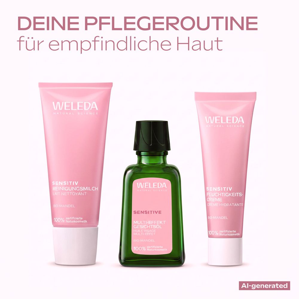 Drei Weleda-Produkte für empfindliche Haut: zwei rosa Tuben und eine grüne Flasche.
