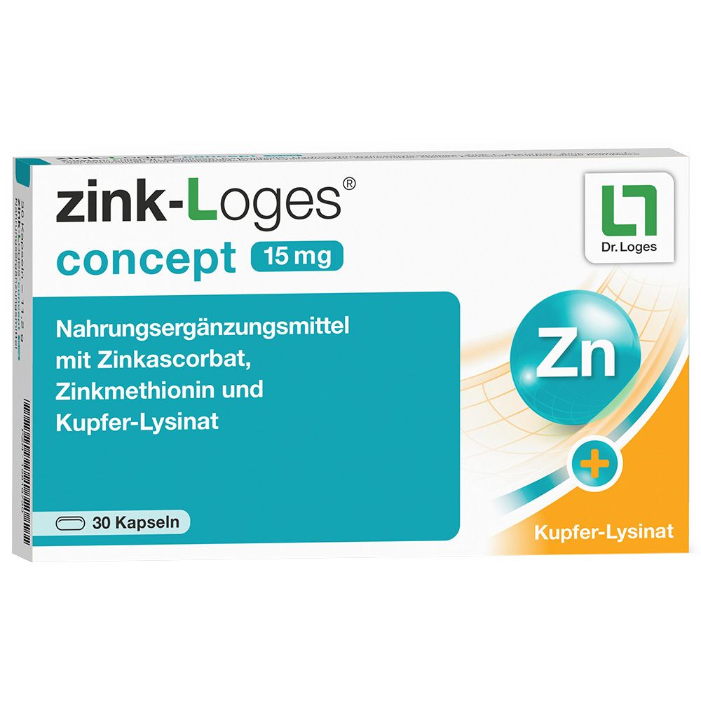 Schachtel mit "zink-Loges concept 15 mg". Türkis-weiße Verpackung. 30 Kapseln. Logo Dr. Loges.
