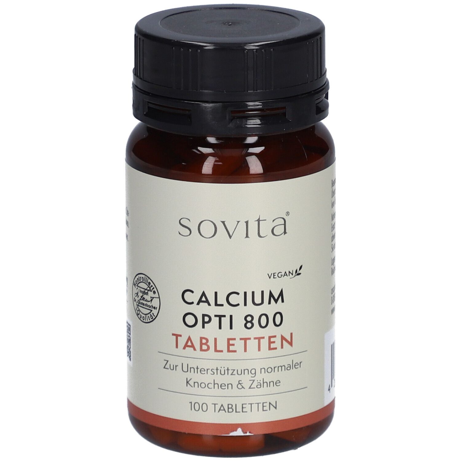 Braune Tablettenflasche mit schwarzem Deckel. Aufschrift: sovita, Calcium Opti 800 Tabletten, 100 Tabletten. Vegan-Siegel.