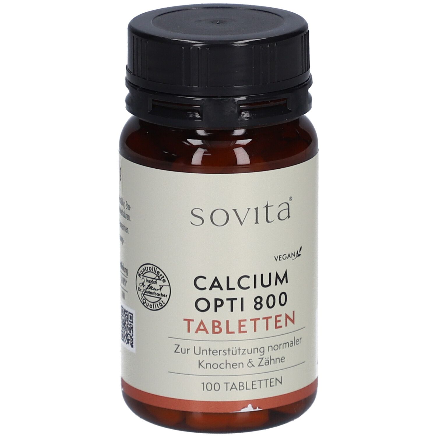 Braune Tablettenflasche mit schwarzem Deckel. Aufschrift: sovita, Calcium Opti 800 Tabletten, 100 Tabletten. Vegan-Siegel.