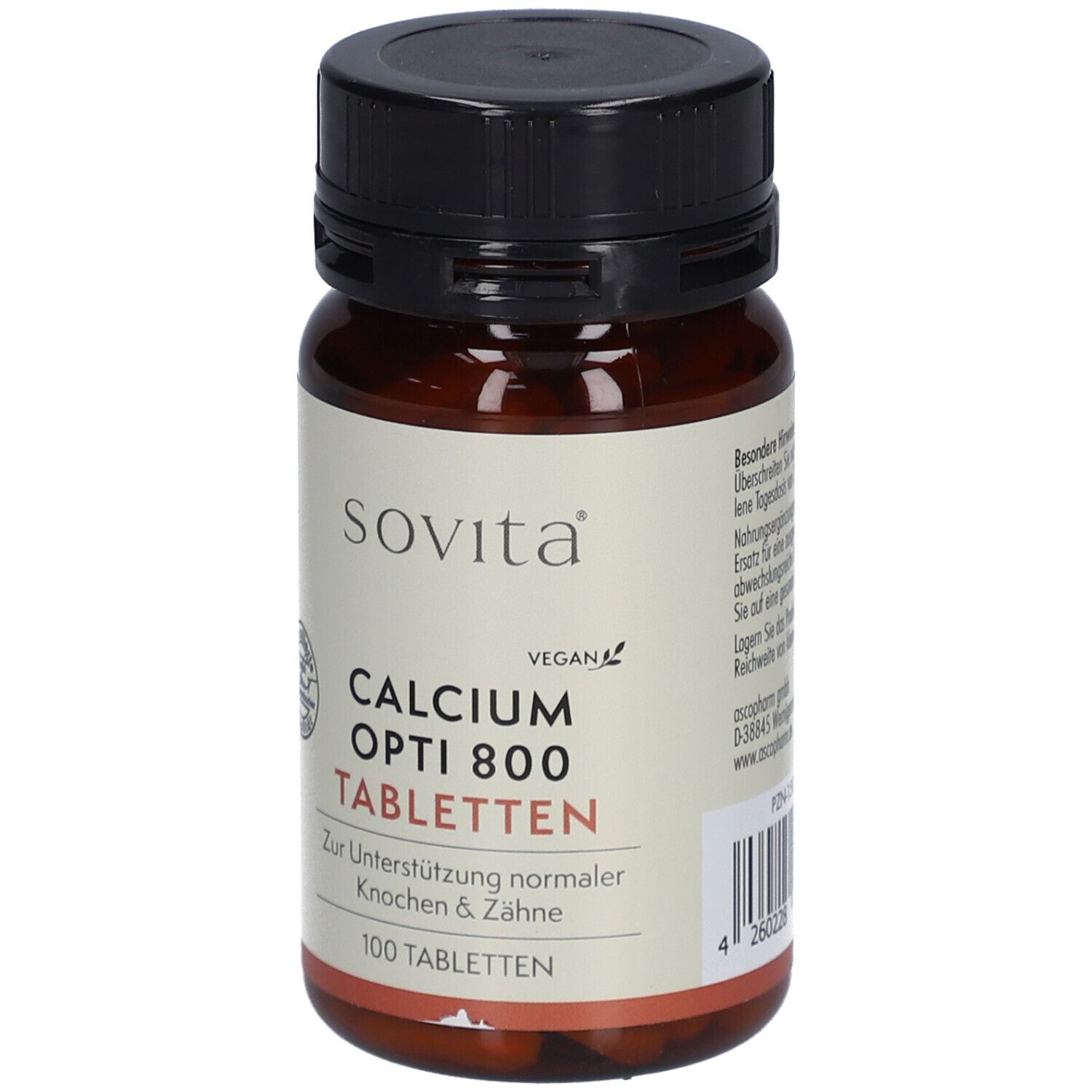 Braune Tablettenflasche mit schwarzem Deckel. Aufschrift: sovita, Calcium Opti 800 Tabletten, 100 Tabletten. Vegan-Siegel.