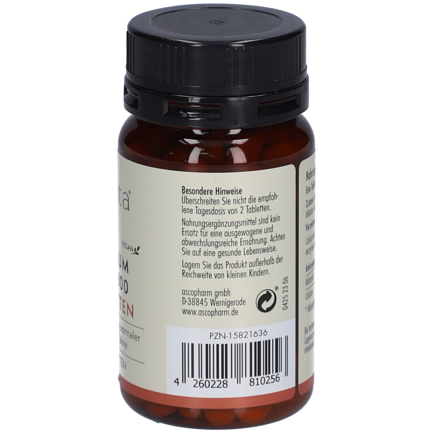Rückseite der Tablettenflasche. Enthält Hinweise, Herstellerinformationen und Chargennummer. Barcode und PZN-Nummer.