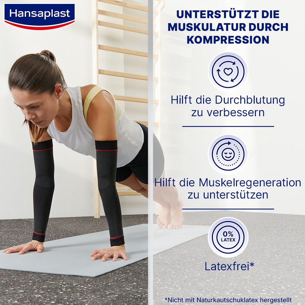 Schwarze Arm Sleeves mit roter Linie. Frau in Sportkleidung beim Training. Text: Unterstützt die Muskulatur durch Kompression.