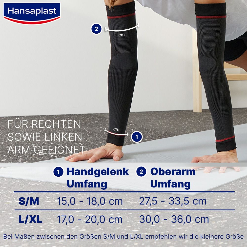 Schwarze Arm Sleeves mit roter Linie. Größenangaben für Handgelenk und Oberarm. Text: Für rechten sowie linken Arm geeignet.