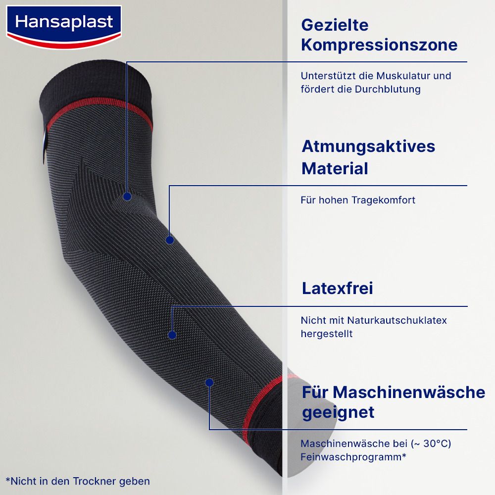 Schwarzer Arm Sleeve mit roter Linie. Text: Gezielte Kompressionszone, atmungsaktives Material, latexfrei, für Maschinenwäsche geeignet.