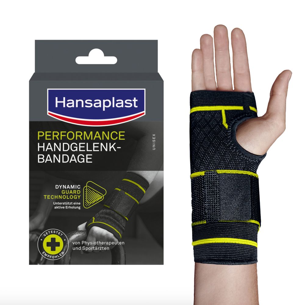 Handgelenkbandage und Verpackung. Bandage schwarz mit gelben Streifen. Logo Hansaplast.