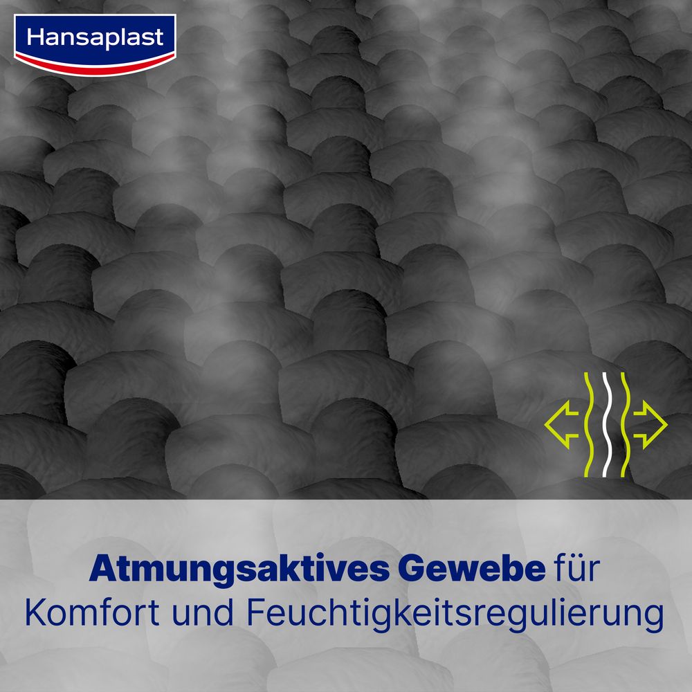 Nahaufnahme des atmungsaktiven Gewebes. Text: Atmungsaktives Gewebe für Komfort und Feuchtigkeitsregulierung.
