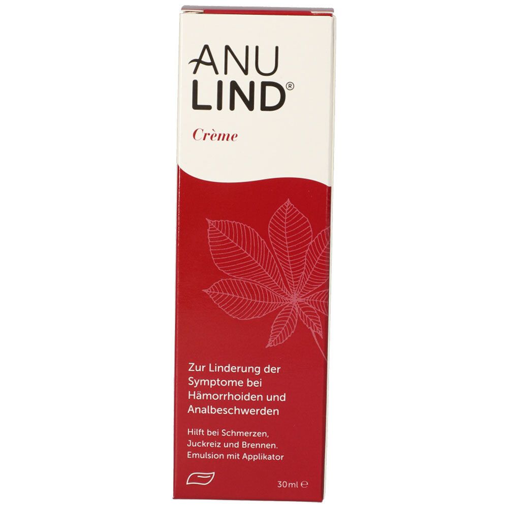 Schachtel mit ANULIND® Crème. Rote und weiße Farbgebung. Text: Zur Linderung der Symptome bei Hämorrhoiden und Analbeschwerden.