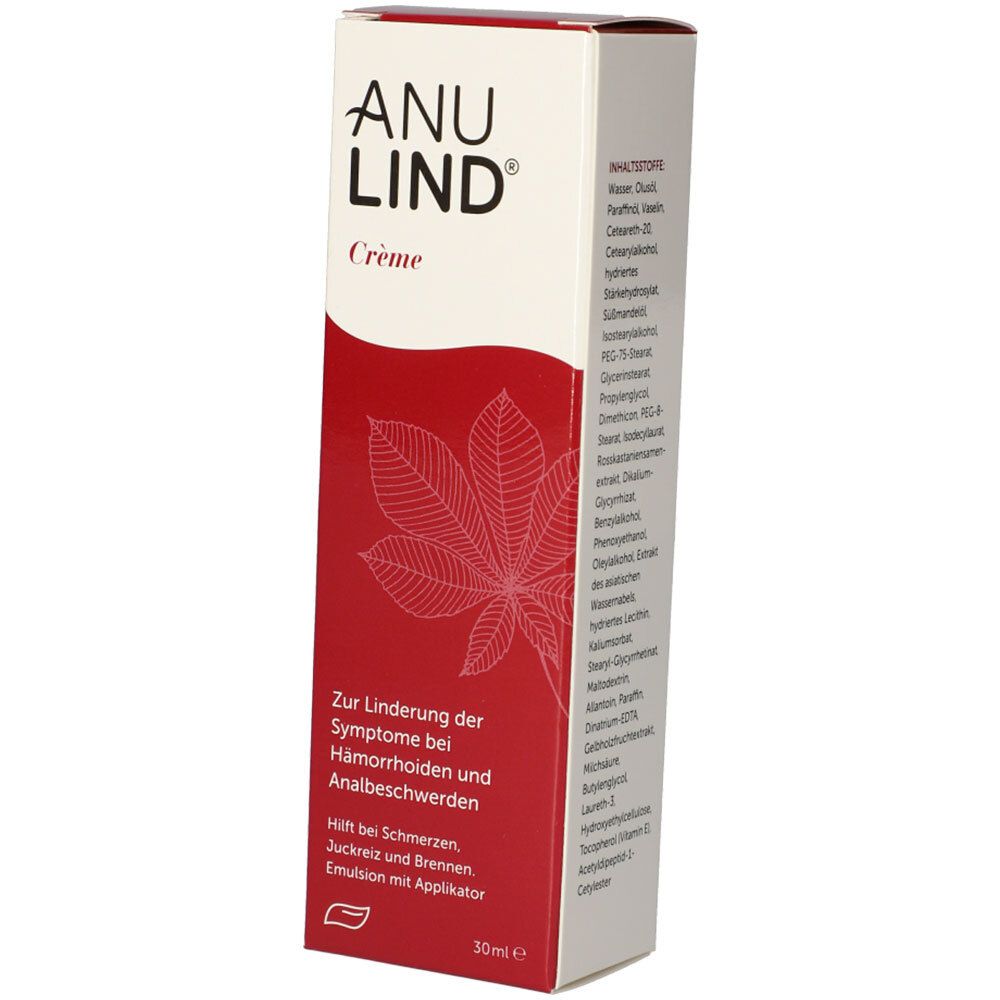 Schachtel mit ANULIND® Crème. Enthält Inhaltsstoffe und Text: Zur Linderung der Symptome bei Hämorrhoiden und Analbeschwerden.