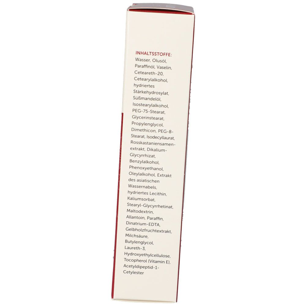 Seitenansicht der Schachtel mit Inhaltsstoffen. Text: Inhaltsstoffe, Wasser, Olusöl, Paraffinöl, Vaselin, etc.