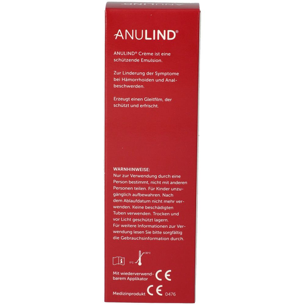 Rückseite der Schachtel mit Warnhinweisen und Text: ANULIND® Crème ist eine schützende Emulsion.