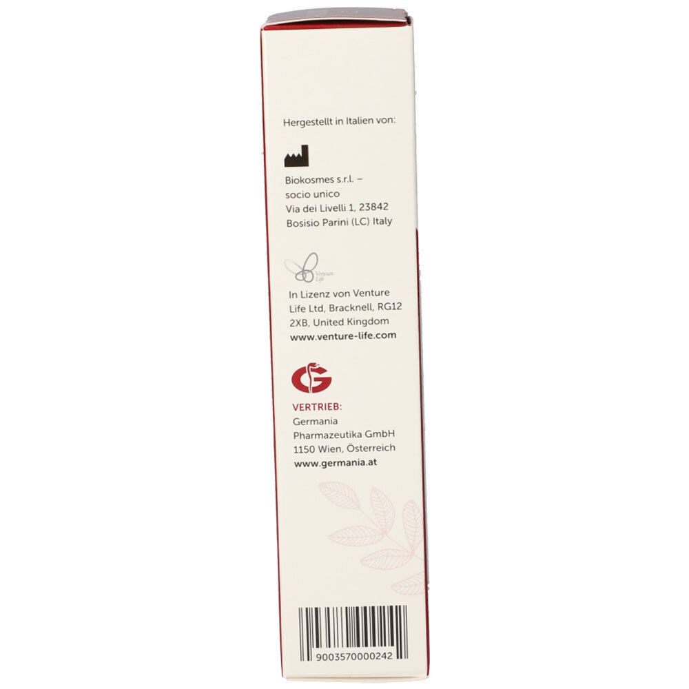 Seite der Schachtel mit Herstellerinformationen und Barcode. Text: Hergestellt in Italien von...