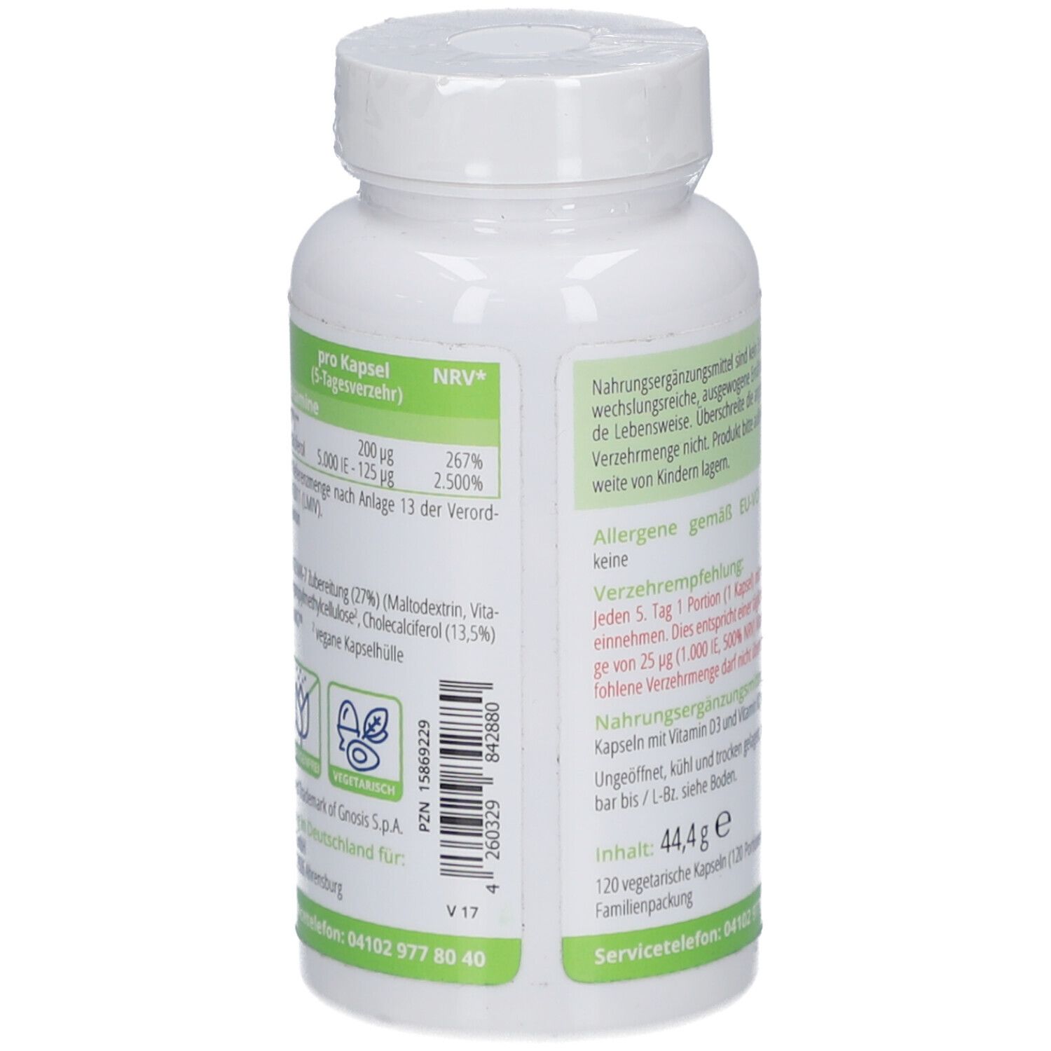 Rückseite der weißen Flasche. Enthält Informationen zu Inhaltsstoffen und Nährwerten. Vegan-Siegel.