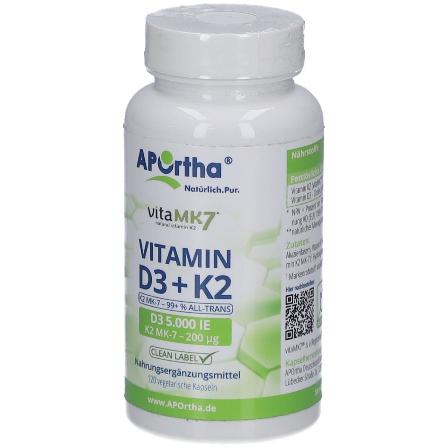 Weiße Flasche mit grünem Etikett. Aufschrift: APOrtha®, vitaMK7®, Vitamin D3 + K2. 120 vegetarische Kapseln.