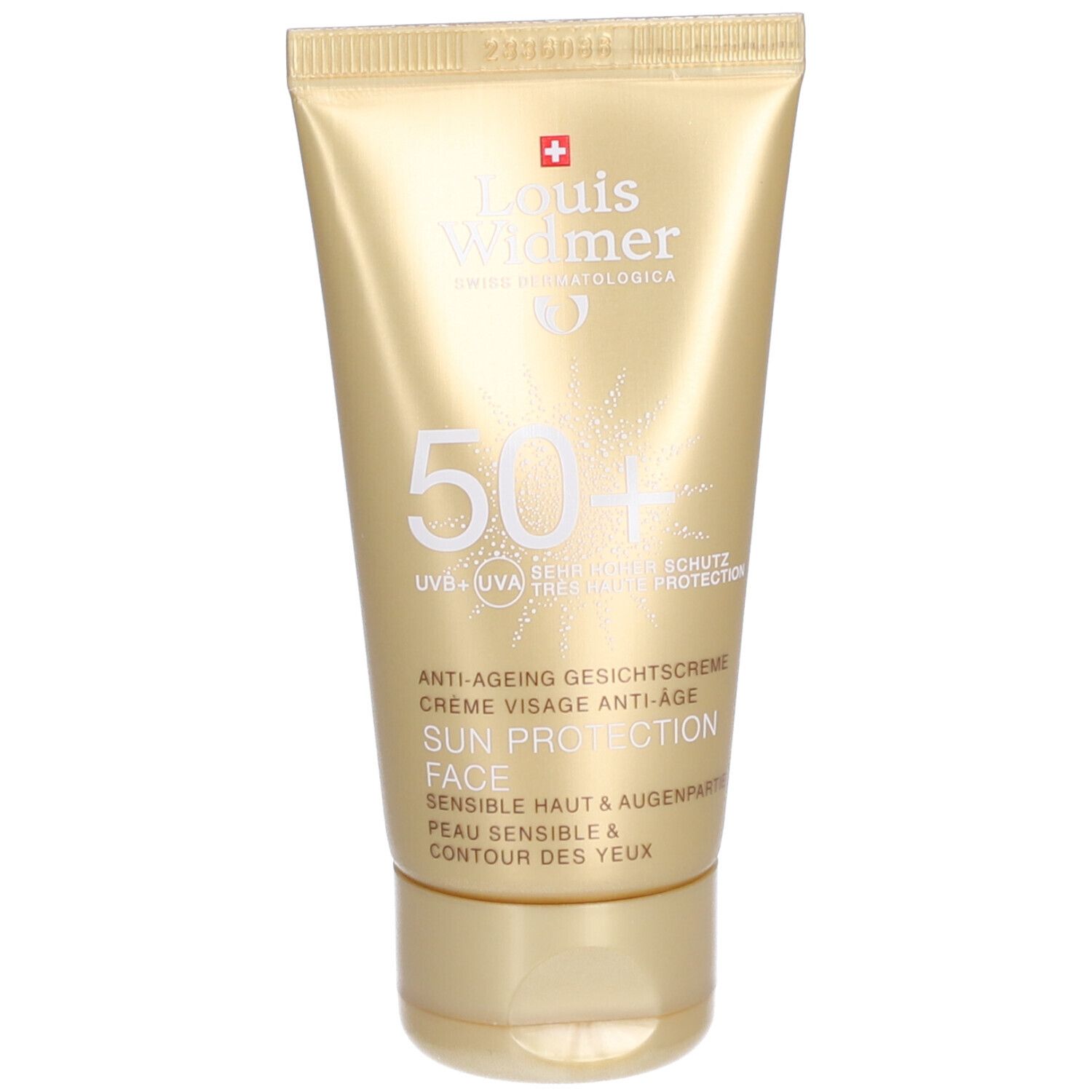 Goldfarbene Tube mit Sonnencreme. Aufschrift: Louis Widmer, 50+, Sun Protection Face. Text in Englisch und Französisch.