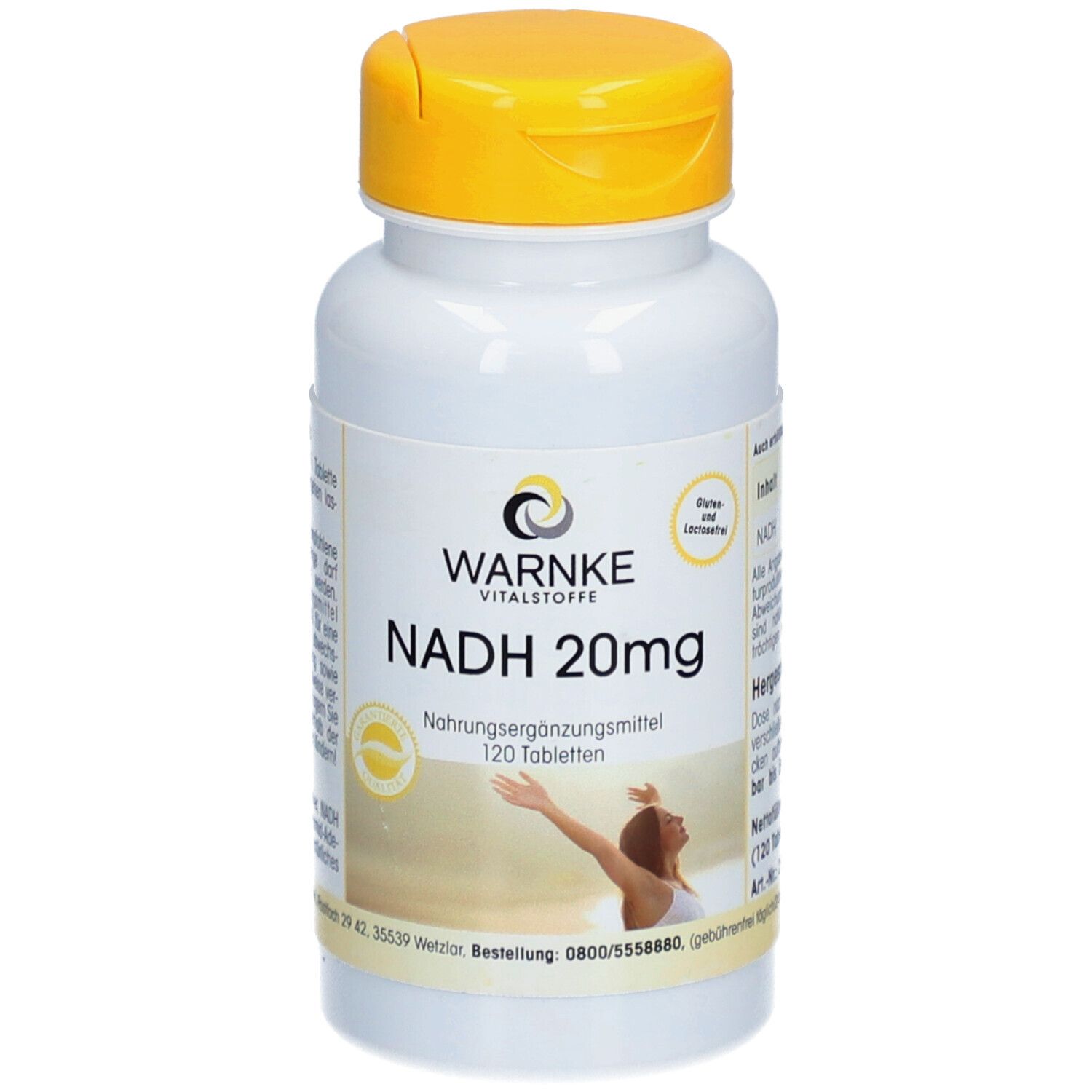 Weiße Flasche mit gelbem Deckel. Aufschrift: WARNKE, NADH 20mg, 120 Tabletten. Nahrungsergänzungsmittel. Frau mit erhobenen Armen.