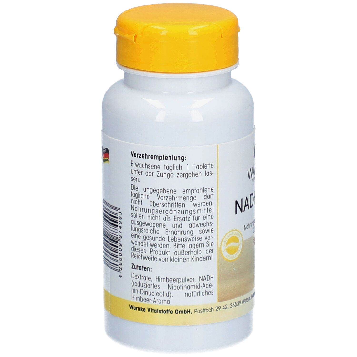 Rückseite der weißen Flasche mit gelbem Deckel. Text: Verzehrempfehlung, Zutaten. Warnke Vitalstoffe. Made in Germany.