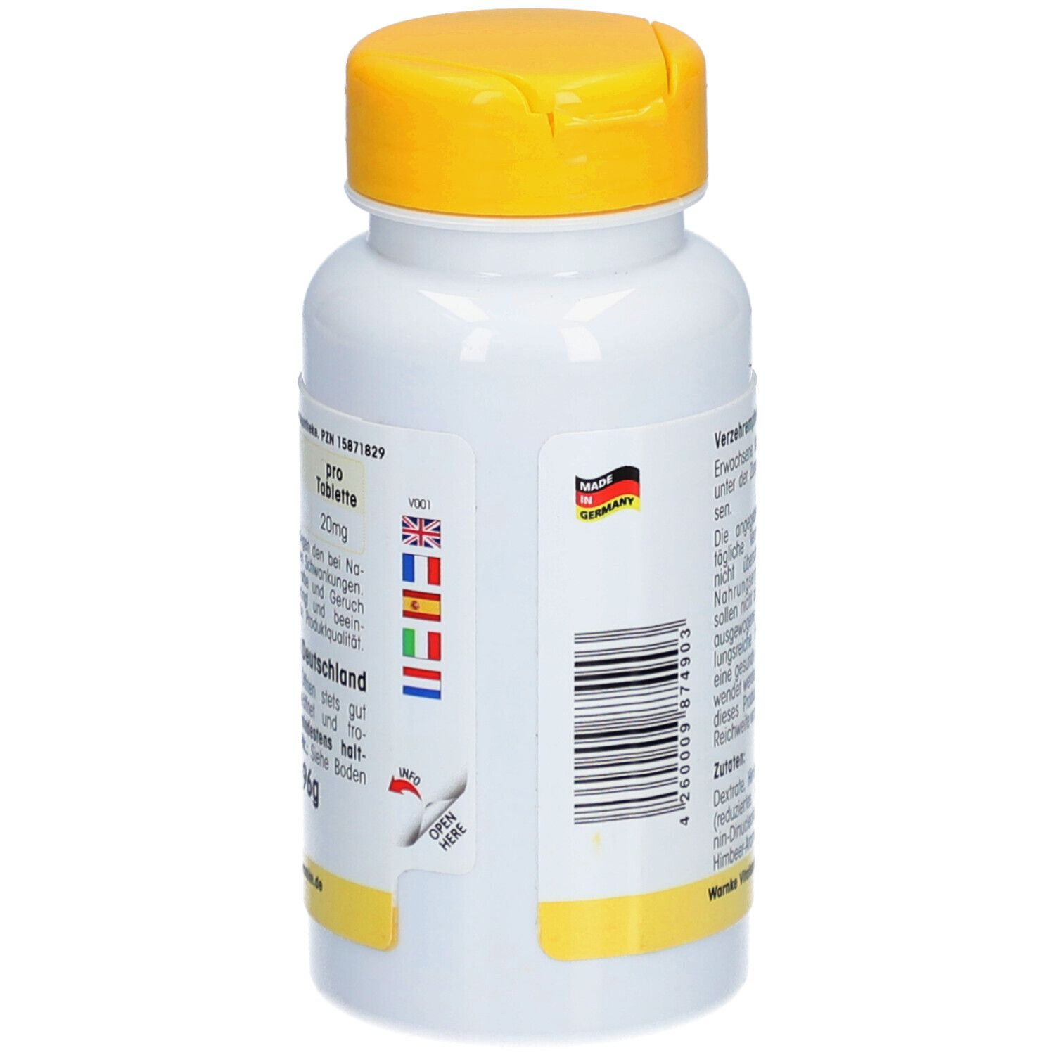Rückseite der weißen Flasche mit gelbem Deckel. Text: Verzehrempfehlung, Barcode, Made in Germany. Flaggen.