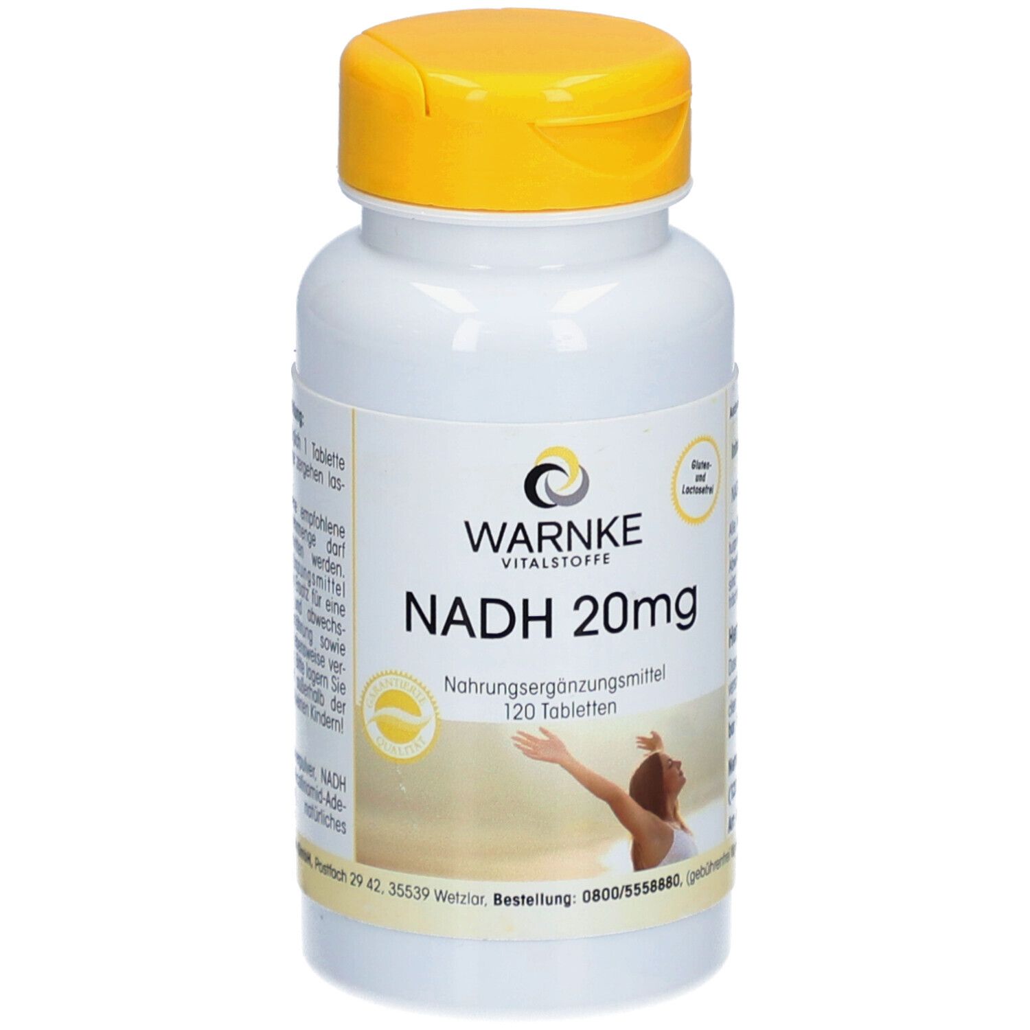 Weiße Flasche mit gelbem Deckel. Aufschrift: WARNKE, NADH 20mg, 120 Tabletten. Nahrungsergänzungsmittel. Frau mit erhobenen Armen.
