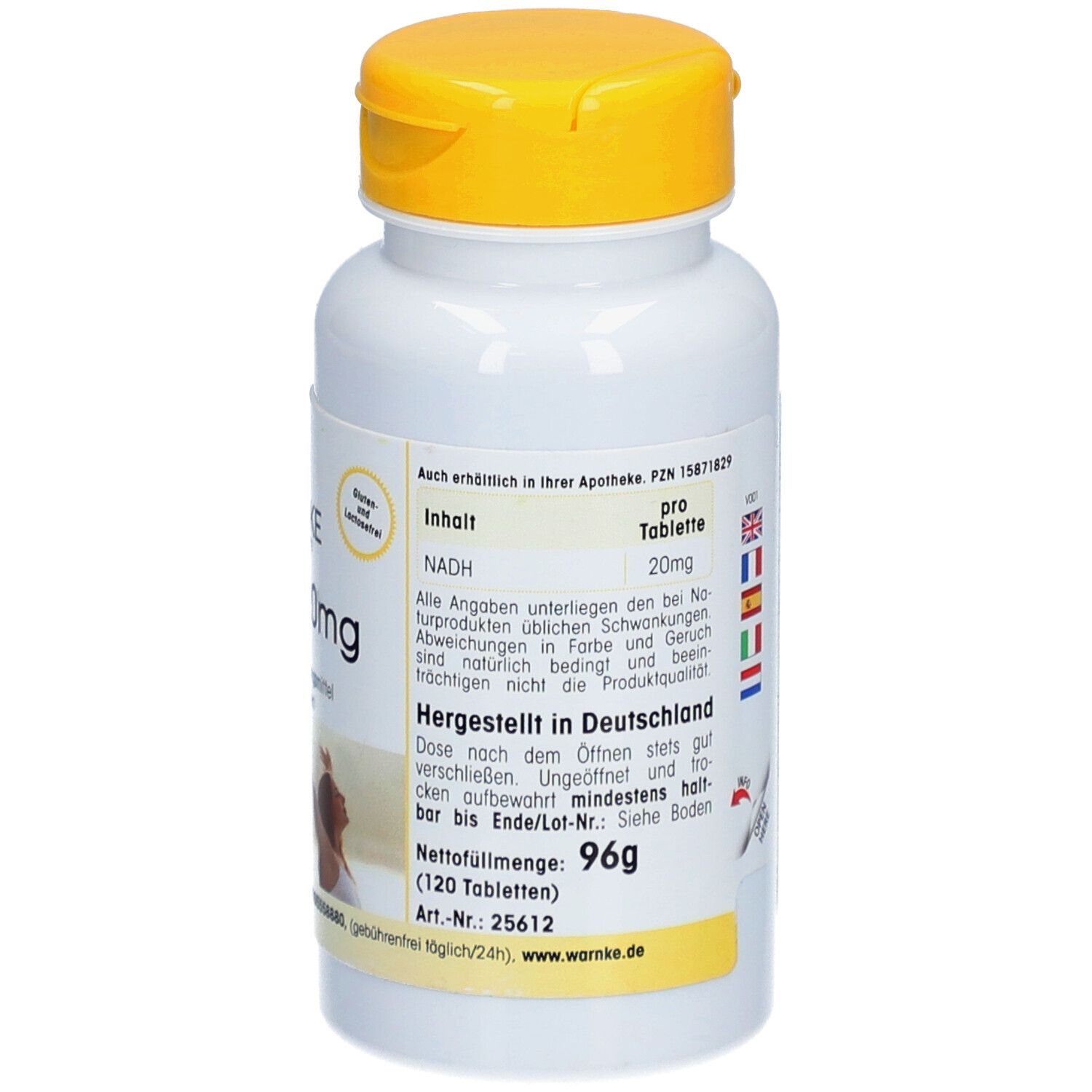 Rückseite der weißen Flasche mit gelbem Deckel. Text: Inhalt, pro Tablette, Nettogewicht 96g. Hergestellt in Deutschland.